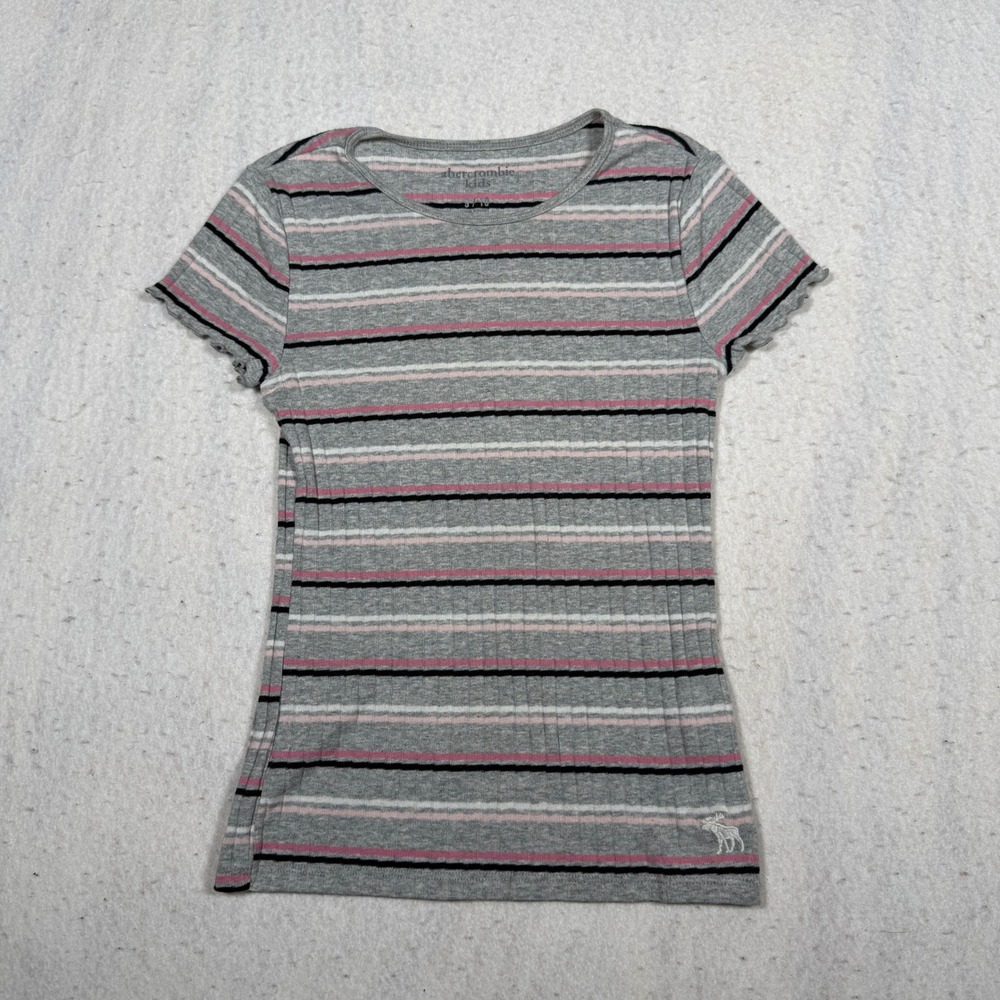 Abercrombie Kids Girls Grey Pink Striped Ribbed Lettuce Edge Top Size 9/10